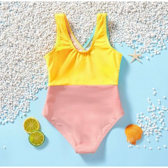 pastel color block one piece swimsuit swimwear - Picture 2 of 9